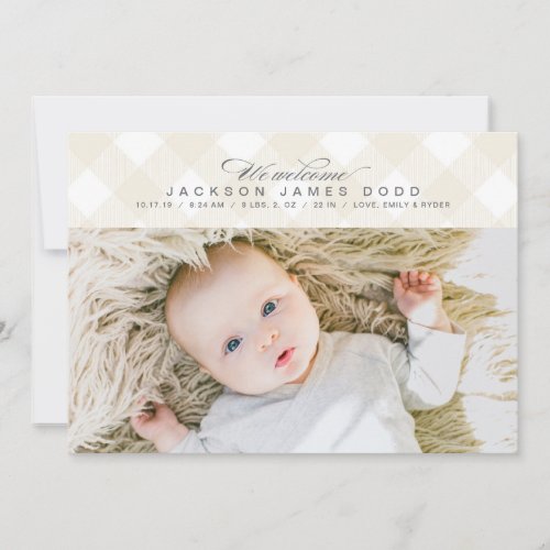 Buffalo Check Plaid Neutral Birth Announcement