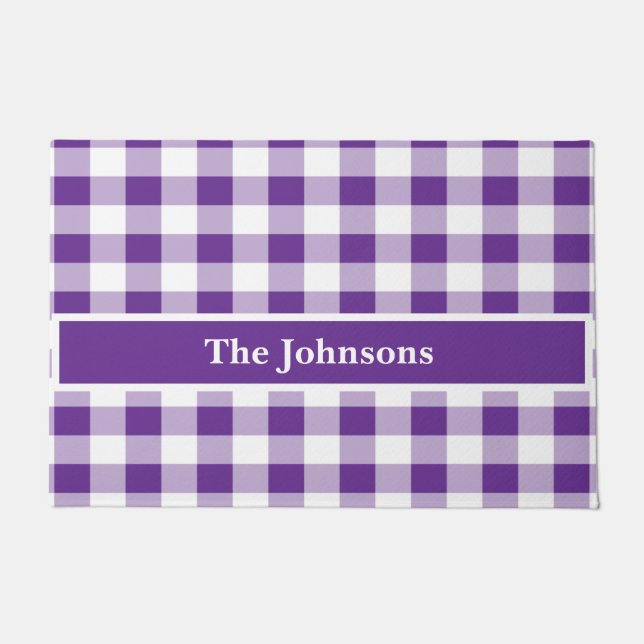 Buffalo Check Plaid Purple and White Personalize Doormat (Front)