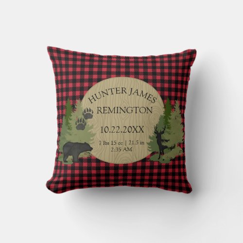 Buffalo Check Plaid Red Black Baby Boy Birth Stats Throw Pillow