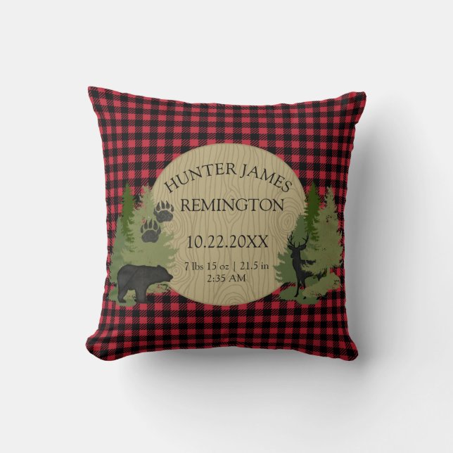 Buffalo Check Plaid Red Black Baby Boy Birth Stats Throw Pillow (Front)