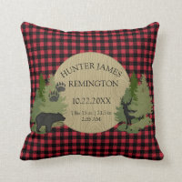 Buffalo Check Plaid Red Black Baby Boy Birth Stats Throw Pillow