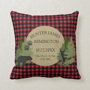 Buffalo Check Plaid Red Black Baby Boy Birth Stats Throw Pillow