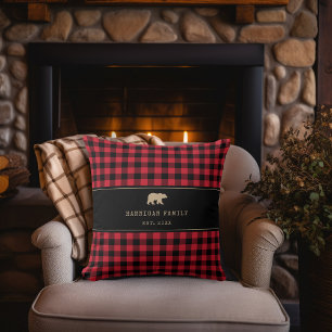 Buffalo Check Plaid Rustic Red and Black Family Throw Pillow
