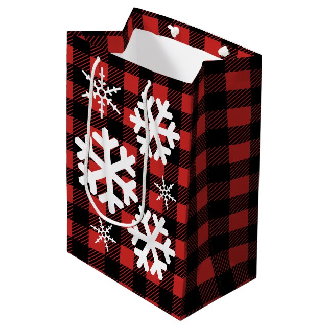 Buffalo Check Plaid & White Snowflakes Medium Gift Bag (Front Angled)
