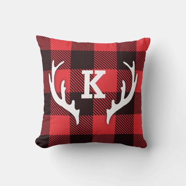 Buffalo Check Plaid with Antler Monogram Throw Pillow (Front)