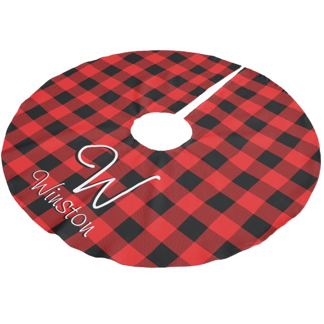 Buffalo Check Red Plaid Monogram Brushed Polyester Tree Skirt (Angled)