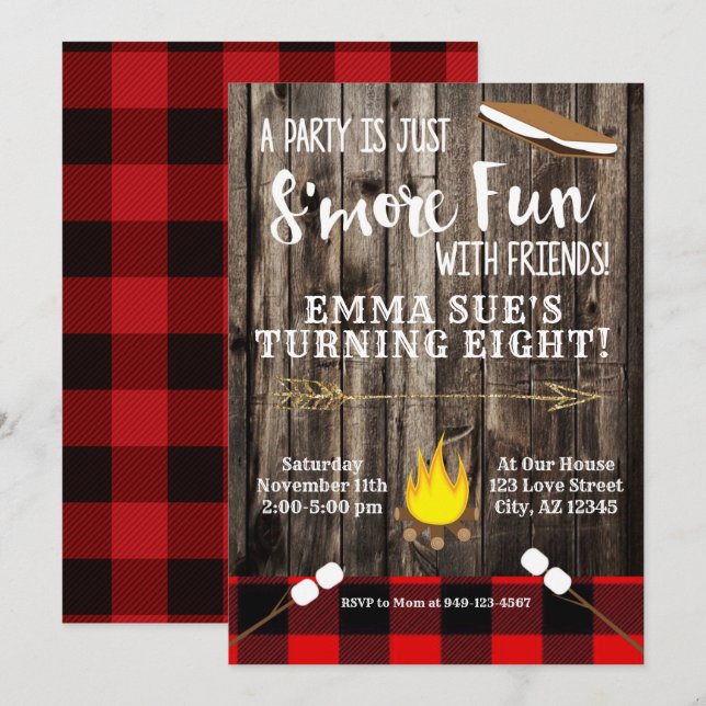 Buffalo Check Red S'more fun with friends Birthday Invitation (Front/Back)