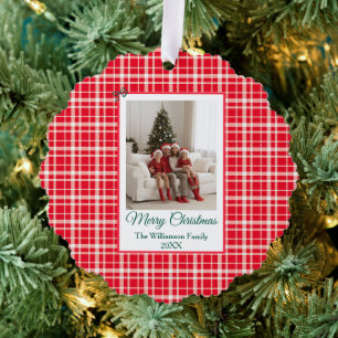 Buffalo Check Style Photo Frame Merry Christmas Ornament Card