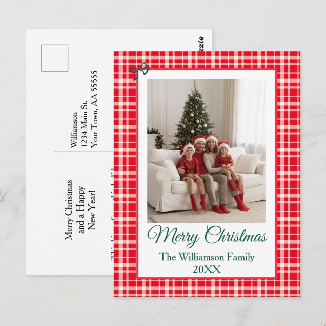Buffalo Check Style Photo Frame Merry Christmas Postcard (Front/Back)