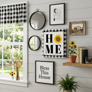 Buffalo check sunflower "Home" Faux Canvas Print