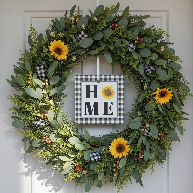 Buffalo check sunflower "Home"   Glass Ornament (Creator Uploaded)