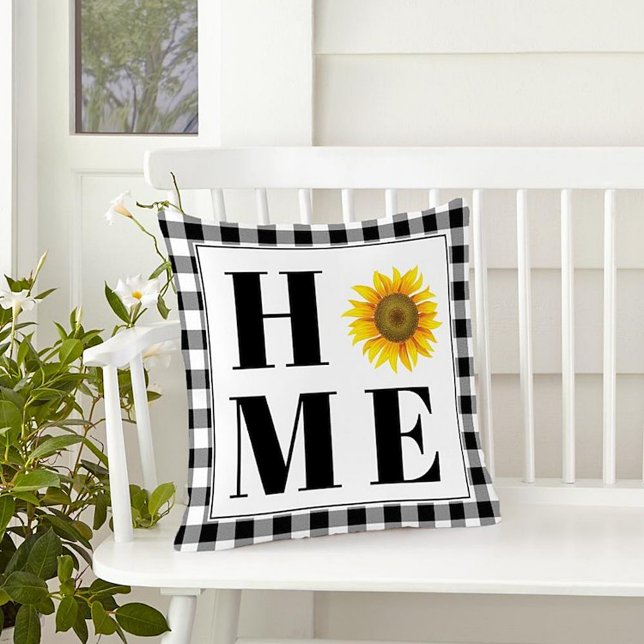 Buffalo check sunflower "Home"  Outdoor Pillow (Creator Uploaded)