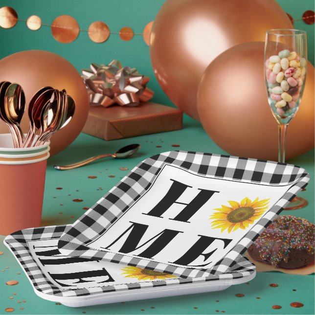 Buffalo check sunflower "Home"  Paper Plates (Multi)