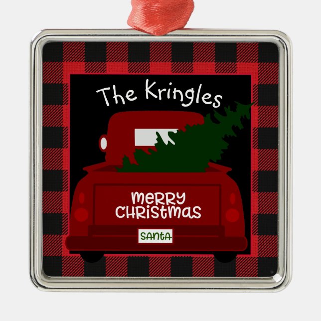 Buffalo Check Vintage Truck Personalized Metal Ornament (Front)