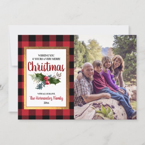 Buffalo Check Watercolor Holly Christmas Photo Holiday Card - Pretty holly and classic red and black buffalo check design photo template greeting card.