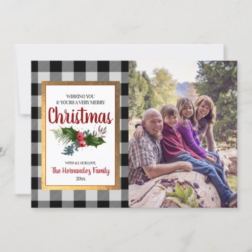 Buffalo Check Watercolor Holly Christmas Photo Holiday Card - Pretty holly and classic black and white buffalo check design photo template greeting card.