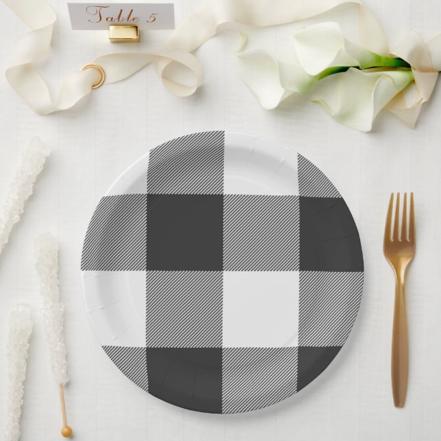 Buffalo Check White and Black Squares Plaid Big Paper Plates (Wedding)