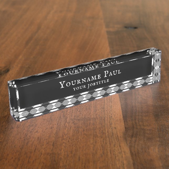Buffalo Check White and Black Squares Plaid Desk Name Plate (Side)