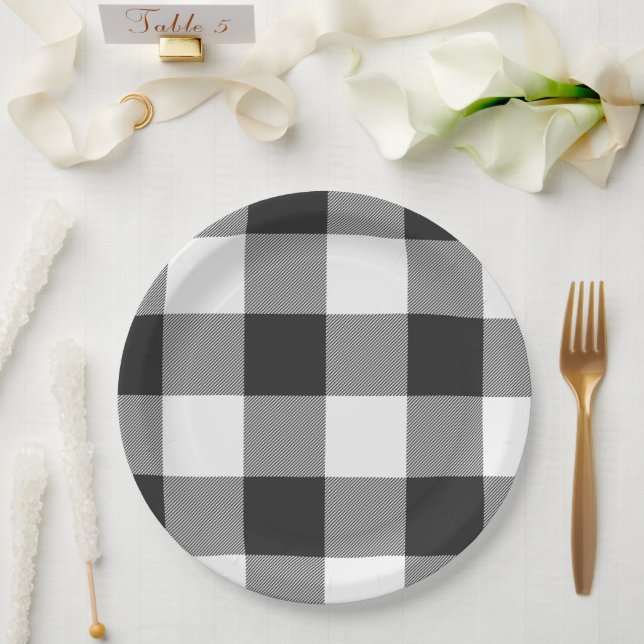 Buffalo Check White and Black Squares Plaid Paper Plates (Wedding)