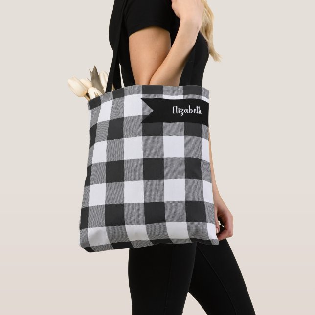 Buffalo Check White and Black Squares Plaid Tote Bag (Close Up)