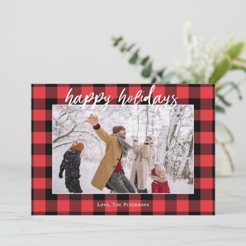 Buffalo Checkered Flannel Red Black Photo Happy Holiday Card