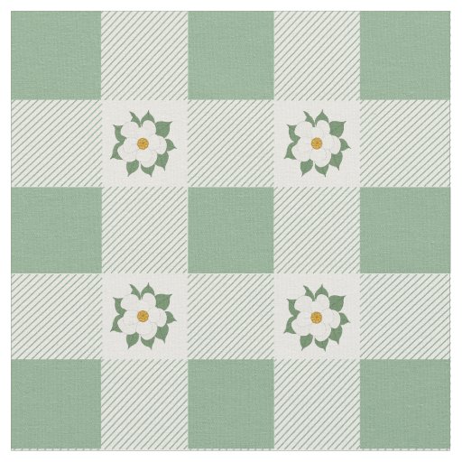 Buffalo Checks and Magnolias Floral Pattern Green Fabric