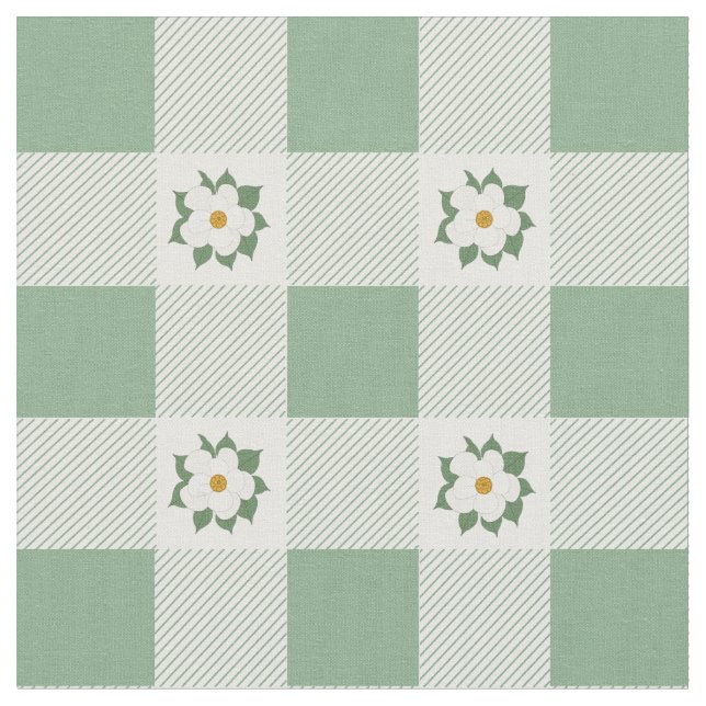Buffalo Checks and Magnolias Floral Pattern Green Fabric (Close Up)