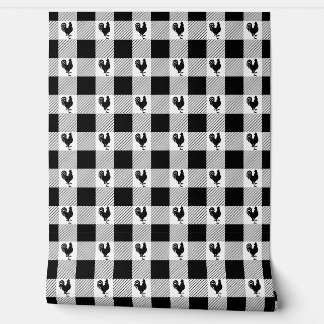 Buffalo Checks and Rooster Pattern - Black | White Wallpaper (Unrolling)