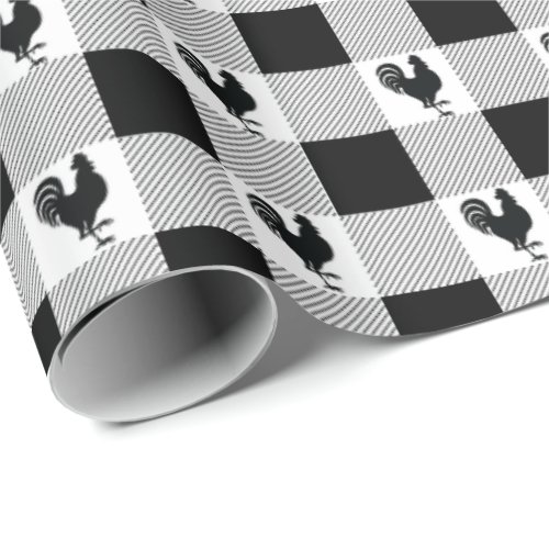 Buffalo Checks and Rooster Pattern _ Black  White Wrapping Paper