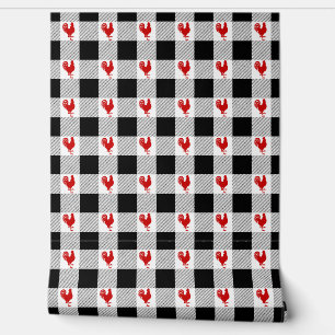 Buffalo Checks and Rooster Pattern Red Black White Wallpaper