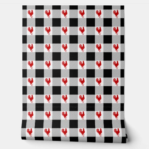 Buffalo Checks and Rooster Pattern Red Black White Wallpaper
