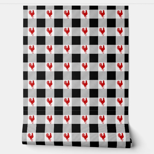 Buffalo Checks and Rooster Pattern Red Black White Wallpaper (Unrolling)