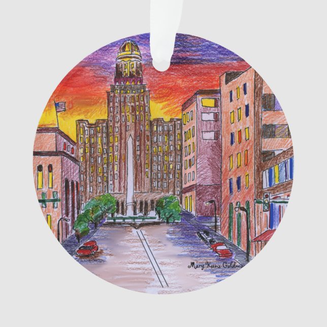Buffalo City Hall Hand-Drawn Hand Painted Ornament (Front)