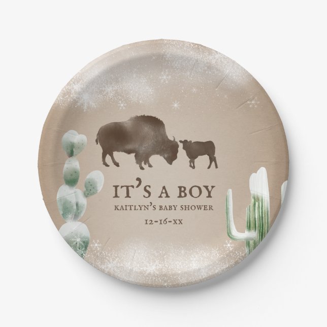 Buffalo Desert Snow Cactus Winter Baby Shower Paper Plates (Front)