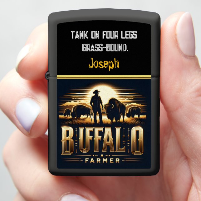 Buffalo Farmer Tending to Bison at Sunset Zippo Lighter (In Hand)
