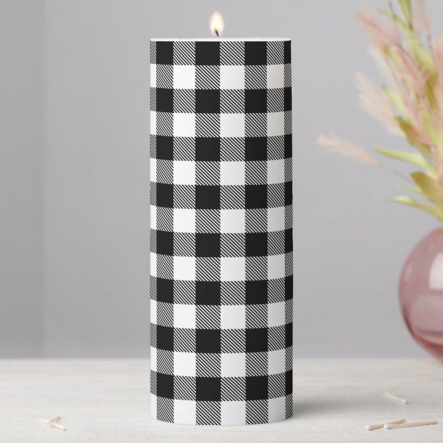 Buffalo Gingham Black And White Check Plaid Therma Pillar Candle (In Situ)