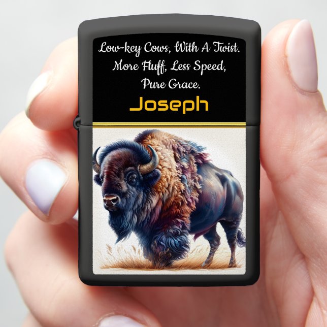 Buffalo Grazes in Golden Grass at Dusk Zippo Lighter (In Hand)