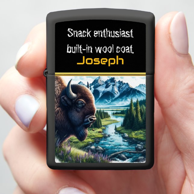 Buffalo Grazing by a Serene Stream Zippo Lighter (In Hand)