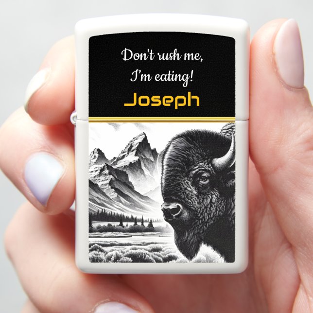 Buffalo Grazing by Rugged Mountains Zippo Lighter (In Hand)