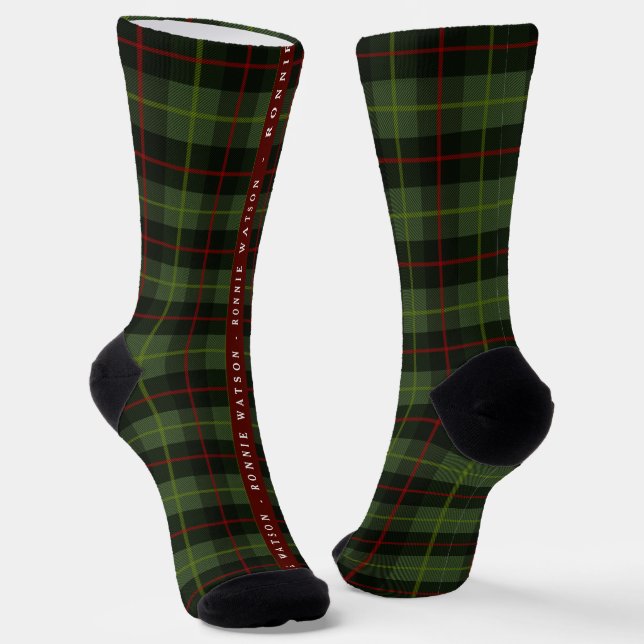 Buffalo Green Plaid Personalized Name Christmas Socks (Angled)