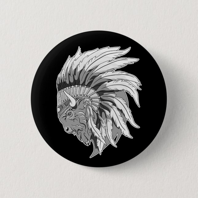 Buffalo Head With indian Headdress Button (Front)