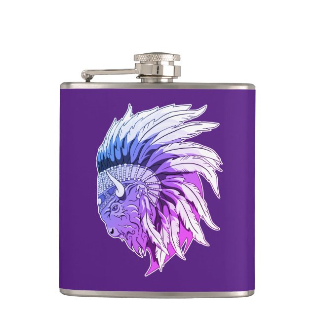 Buffalo Head With indian Headdress Flask (Front)