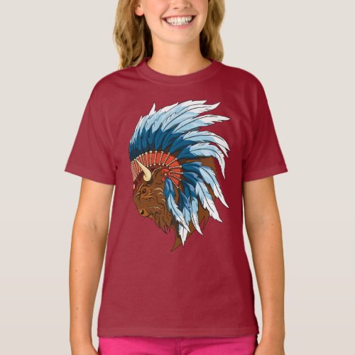 Buffalo Head With indian Headdress T_Shirt