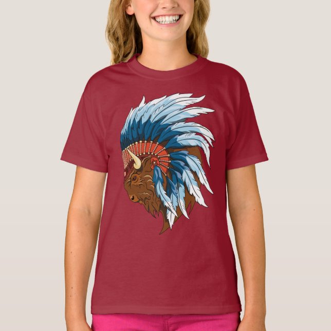 Buffalo Head With indian Headdress T-Shirt (Front)