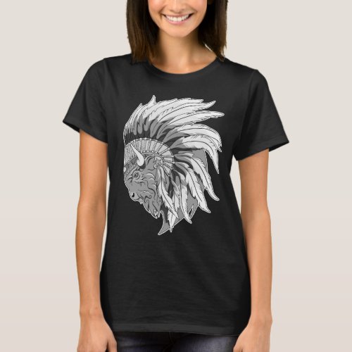 Buffalo Head With indian Headdress womens T_Shirt