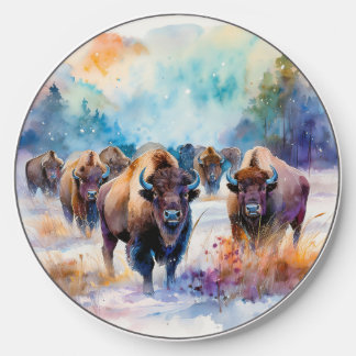 Buffalo Herd in the Snow in Watercolor Wireless Charger