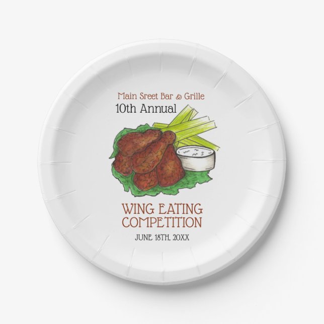 Buffalo Hot Chicken Wings Wing Eating Competition Paper Plates (Front)