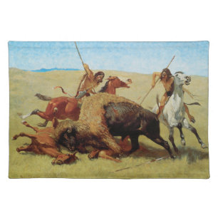 Buffalo Hunt by Remington, Vintage Native American Cloth Placemat