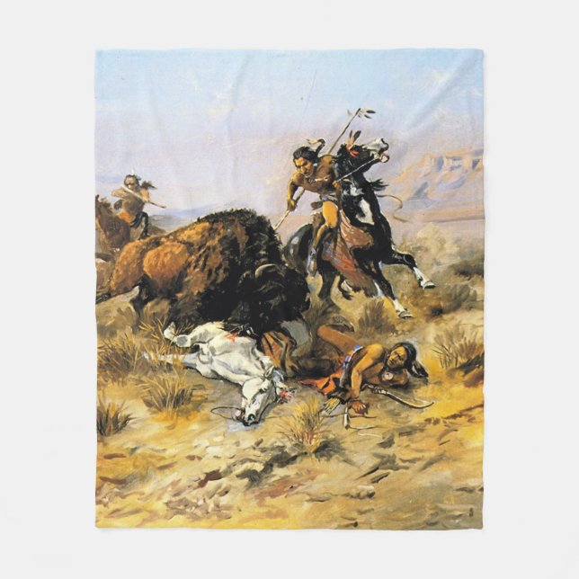 “Buffalo Hunt” Cowboy Art by Charles Russell Fleece Blanket (Front)