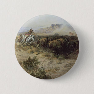 Buffalo Hunt No. 26 by CM Russell, Vintage Indians Pinback Button
